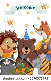 Baby shower vertical banner with cartoon animals 