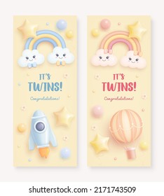 Baby shower vertical invitation with cartoon rainbow, clouds, hot air balloon, rocket, balloons and flowers on beige background. It's twins. Vector illustration