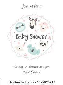 Baby Shower Vertical Invitation with cute hand drawn animals. Baby Shower Card Template.