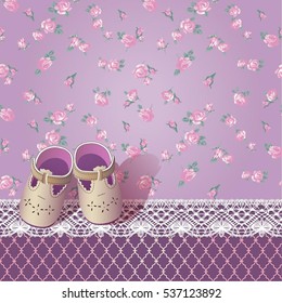 Baby  shower vintage card. Arrival card with place for your text. purple