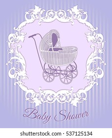 Baby  shower vintage card. Arrival card with place for your text. purple