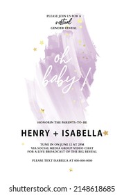 Baby Shower Violet  Invitation Card Abstract Background Template, It's A Boy Girl Gender Reveal Party Template. Modern Minimalistic Design In Vector 