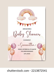 baby shower watercolor invitation card with rainbow and balloons template background