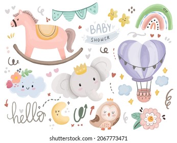 Baby shower watercolor print element with horse and cute elephant rainbow illustration design milestone