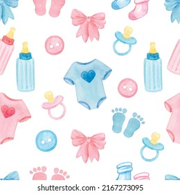 Baby shower watercolor seamless pattern. Blue and pink toys and clothes. Vector illustration