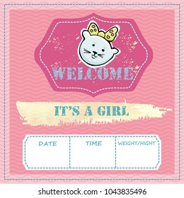 Baby shower and welcome greeting card. Text It's a Girl, Welcome. Little kittens,  sticker. Watercolor texture. Vector illustration.