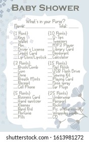 Baby Shower What's in your Purse Layout Template with Flowers Color Light Blue and Tan, Do it Yourself Game with Floral theme for boy and girl, Tulips and small clover leafs, mommy to be activity card