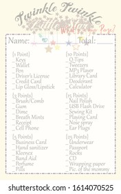 Baby Shower What's in your Purse Layout Template Color Off white, Twinkle Little Star theme word game for boy and girl, Hanging from strings textured hearts and stars, mommy to be activity card