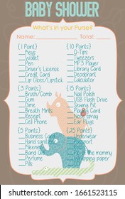 Baby Shower What's in your purse Layout Template, Tan color Arrival date announcement Jungle Animal theme for boy & girl, Unisex mommy to be game card, Alligator, Elephant, Rhinoceros and bird tower