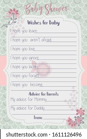 Baby Shower Wish and Advice Layout Template with Spring Wild Flowers grey and pink Color, Do it Yourself Word Game with Floral theme for girls, retro background pattern, Parents activity card