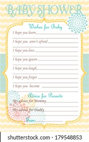 Baby Shower Wish and Advice Layout Template with Yellow, Blue, Pink Color Round Flowers, Do it Yourself Word Game with Floral theme for girls, parents activity card