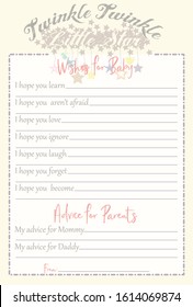 Baby Shower Wish and Advice for Parents to be Layout Template Color Off White, Twinkle Little Star theme activity card for boy and girl, Hanging from strings textured hearts and stars