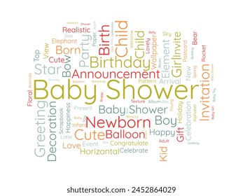Plantilla de nube de palabras Baby Shower. Fondo de Vector de concepto de celebración de cumpleaños.