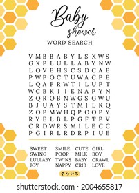 Baby shower word search puzzle game.  Printable party card. Activities ideas supplies.