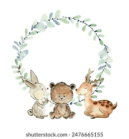 Baby shower wreath. Vector watercolor woodland card with animals.
