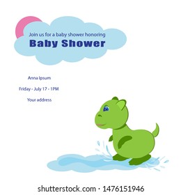 Baby shower.Arrival card with place for your text.Jolly green dinosaur goes through a puddle.At the top of the invitation there is a cloud and the sun.It's a girl, it's a boy Isolated,white background