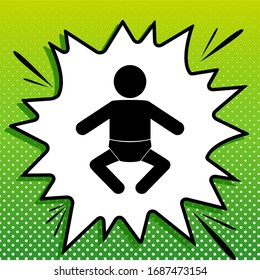 Baby sign illustration. Black Icon on white popart Splash at green background with white spots. Illustration.