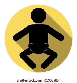 Baby sign illustration. Vector. Flat black icon with flat shadow on royal yellow circle with white background. Isolated.
