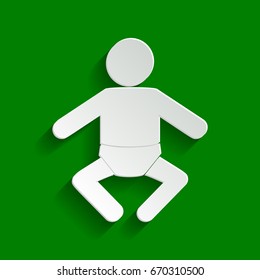 Baby sign illustration. Vector. Paper whitish icon with soft shadow on green background.
