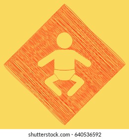 Baby sign illustration. Vector. Red scribble icon obtained as a result of subtraction rhomb and path. Royal yellow background.