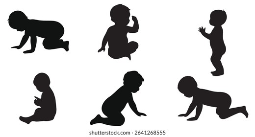 Baby Silhouette Collection . Capturing Baby's First Moments . Sitting, crawling and standing. Vector illustration . 