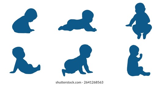 Baby Silhouette Collection . Capturing Baby's First Moments . Sitting, crawling and standing. Vector illustration . 