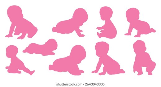 Silhuetas de bebê. Silhuetas infantis. Silhueta infantil na cor rosa coleção de símbolos de menina. Ilustração vetorial. 
