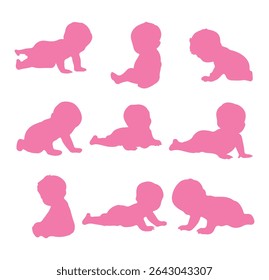 Silhuetas de bebê. Silhuetas infantis. Silhueta infantil na cor rosa coleção de símbolos de menina. Ilustração vetorial. 