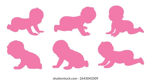 Silhuetas de bebê. Silhuetas infantis. Silhueta infantil na cor rosa coleção de símbolos de menina. Ilustração vetorial. 