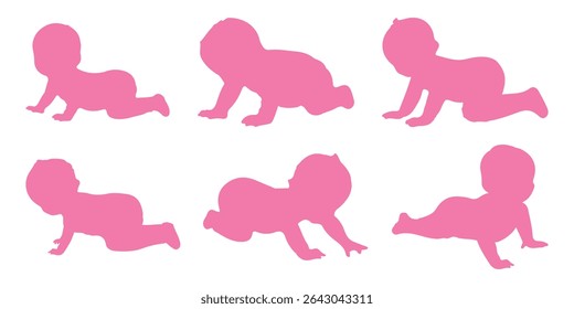 Silhuetas de bebê. Silhuetas infantis. Silhueta infantil na cor rosa coleção de símbolos de menina. Ilustração vetorial. 