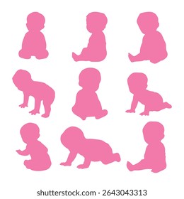 Silhuetas de bebê. Silhuetas infantis. Silhueta infantil na cor rosa coleção de símbolos de menina. Ilustração vetorial. 
