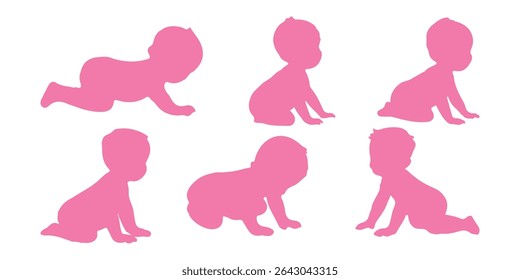 Silhuetas de bebê. Silhuetas infantis. Silhueta infantil na cor rosa coleção de símbolos de menina. Ilustração vetorial. 