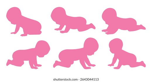 Silhuetas de bebê. Silhuetas infantis. Silhueta infantil na cor rosa coleção de símbolos de menina. Ilustração vetorial. 