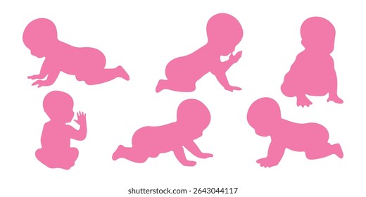 Silhuetas de bebê. Silhuetas infantis. Silhueta infantil na cor rosa coleção de símbolos de menina. Ilustração vetorial. 