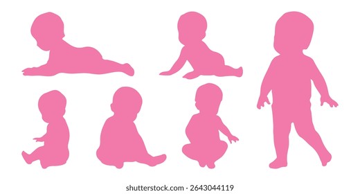 Silhuetas de bebê. Silhuetas infantis. Silhueta infantil na cor rosa coleção de símbolos de menina. Ilustração vetorial. 