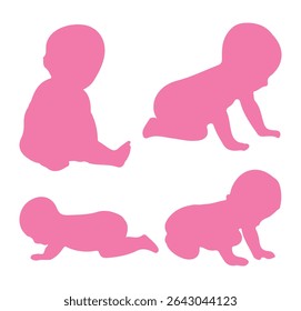 Silhuetas de bebê. Silhuetas infantis. Silhueta infantil na cor rosa coleção de símbolos de menina. Ilustração vetorial. 