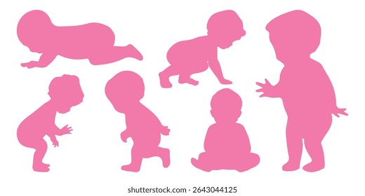 Silhuetas de bebê. Silhuetas infantis. Silhueta infantil na cor rosa coleção de símbolos de menina. Ilustração vetorial. 