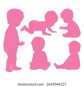 Silhuetas de bebê. Silhuetas infantis. Silhueta infantil na cor rosa coleção de símbolos de menina. Ilustração vetorial. 