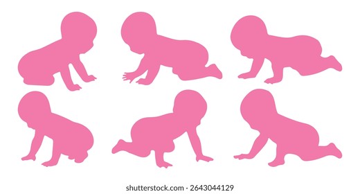 Silhuetas de bebê. Silhuetas infantis. Silhueta infantil na cor rosa coleção de símbolos de menina. Ilustração vetorial. 