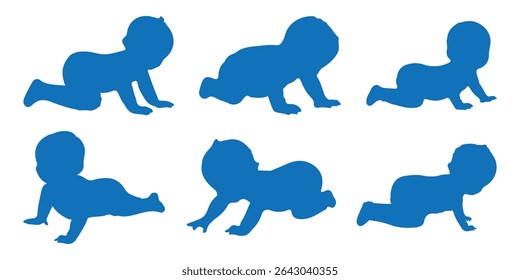 Silhuetas de bebê. Silhueta de bebê. Silhueta infantil na coleção de símbolos de bebê de cor azul. Ilustração vetorial