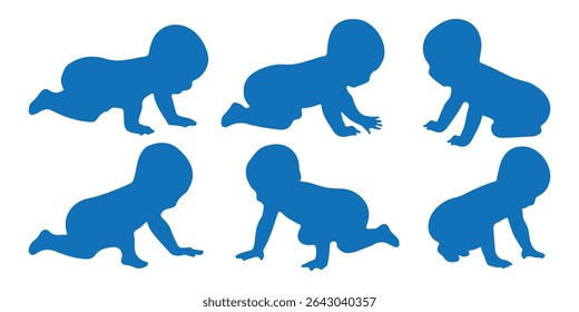 Silhuetas de bebê. Silhueta de bebê. Silhueta infantil na coleção de símbolos de bebê de cor azul. Ilustração vetorial