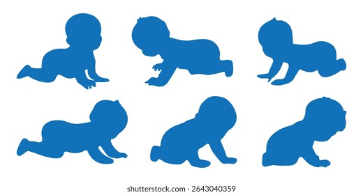 Silhuetas de bebê. Silhueta de bebê. Silhueta infantil na coleção de símbolos de bebê de cor azul. Ilustração vetorial