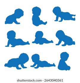 Silhuetas de bebê. Silhueta de bebê. Silhueta infantil na coleção de símbolos de bebê de cor azul. Ilustração vetorial