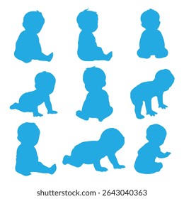 Silhuetas de bebê. Silhueta de bebê. Silhueta infantil na coleção de símbolos de bebê de cor azul. Ilustração vetorial