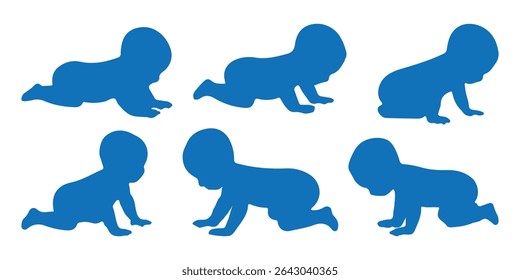 Silhuetas de bebê. Silhueta de bebê. Silhueta infantil na coleção de símbolos de bebê de cor azul. Ilustração vetorial