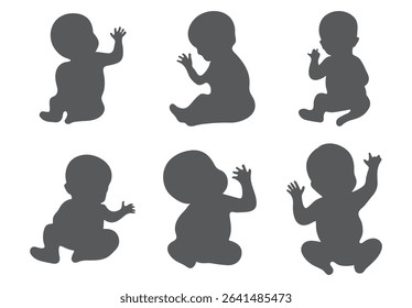 Baby silhouettes vector illustration set.  set of baby silhouettes from profile, child evolution (belly time, crawling, standing, sitting), vector silhouette isolated on white background