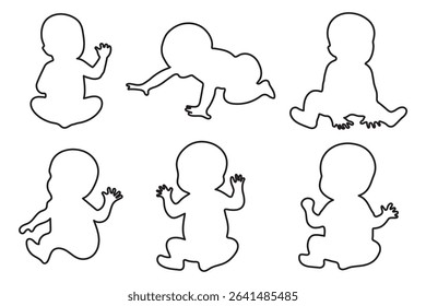 Baby silhouettes vector illustration set.  set of baby silhouettes from profile, child evolution (belly time, crawling, standing, sitting), vector silhouette isolated on white background