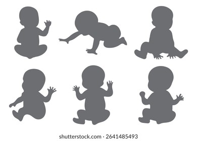 Baby silhouettes vector illustration set.  set of baby silhouettes from profile, child evolution (belly time, crawling, standing, sitting), vector silhouette isolated on white background