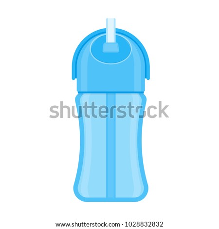 Baby sippy cup with straw, isolated on white background. Vector illustration of toddler feeding equipment. Baby care supplies