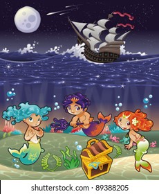 Baby Sirens and Baby Triton under the sea. Funny cartoon and vector illustration.